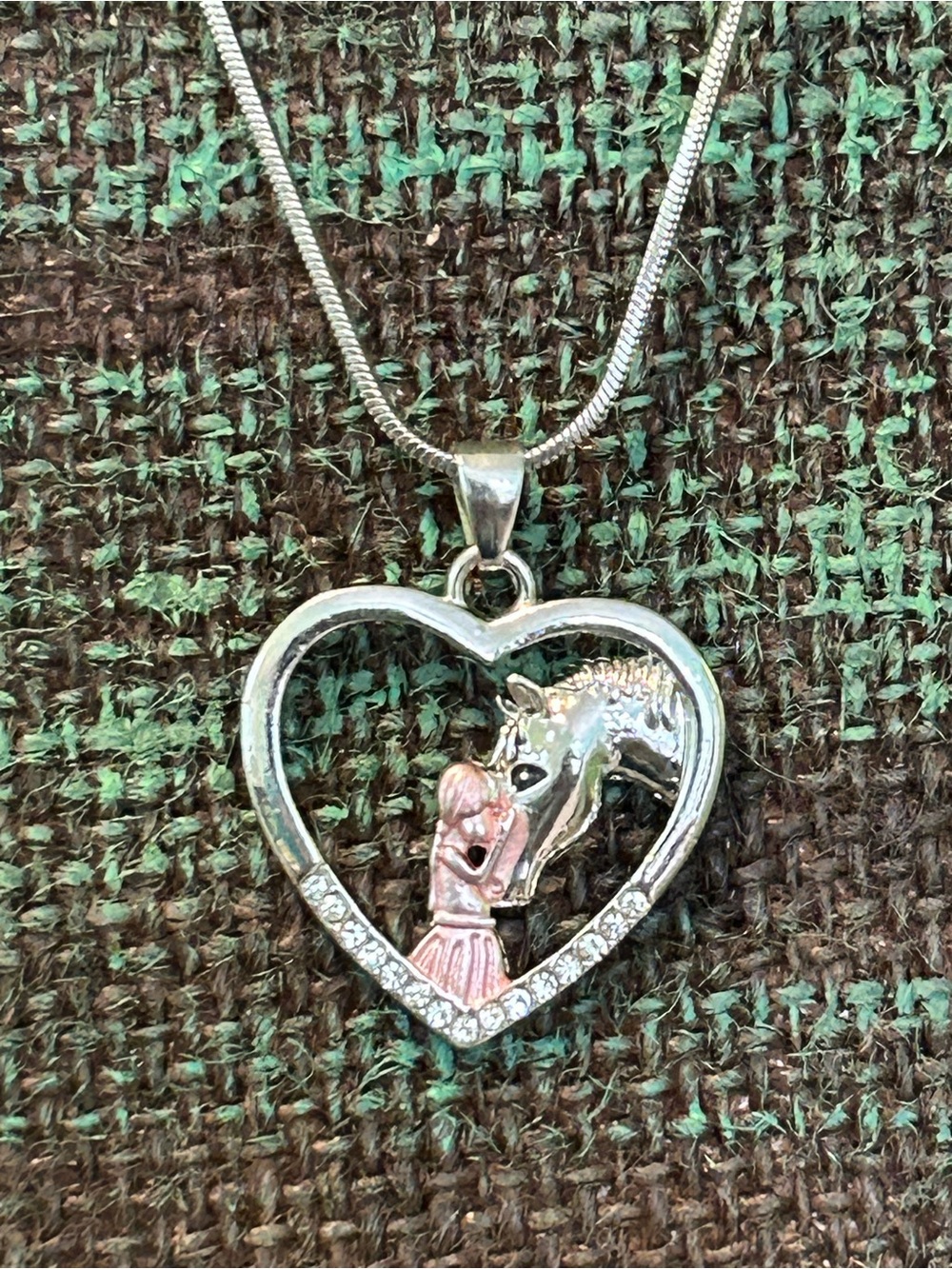 Silver Heart Horse & Girl Pendant Necklace with Rose Gold Accent